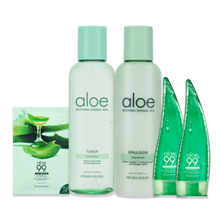 Cargar imagen en el visor de la galería, Kit de productos de Aloe vera / Tónico calmante 98% aloe + Emulsión calmante 90% aloe + Gel calmante 99% aloe + Mascarilla facial humectante de aloe